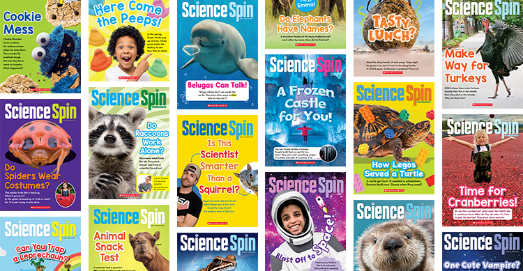 Collage of Science Spin magazine covers featuring animals, science topics, and children